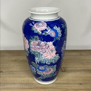 Beautiful Cobalt Blue Pink Vintage Chinese Cloisonne Vase 10” Tall